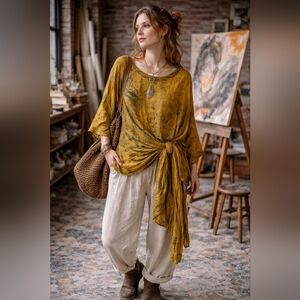 Vintage One Size Mustard Tie Dye Kaftan Tunic Dress Pleated Boho Lagenloook